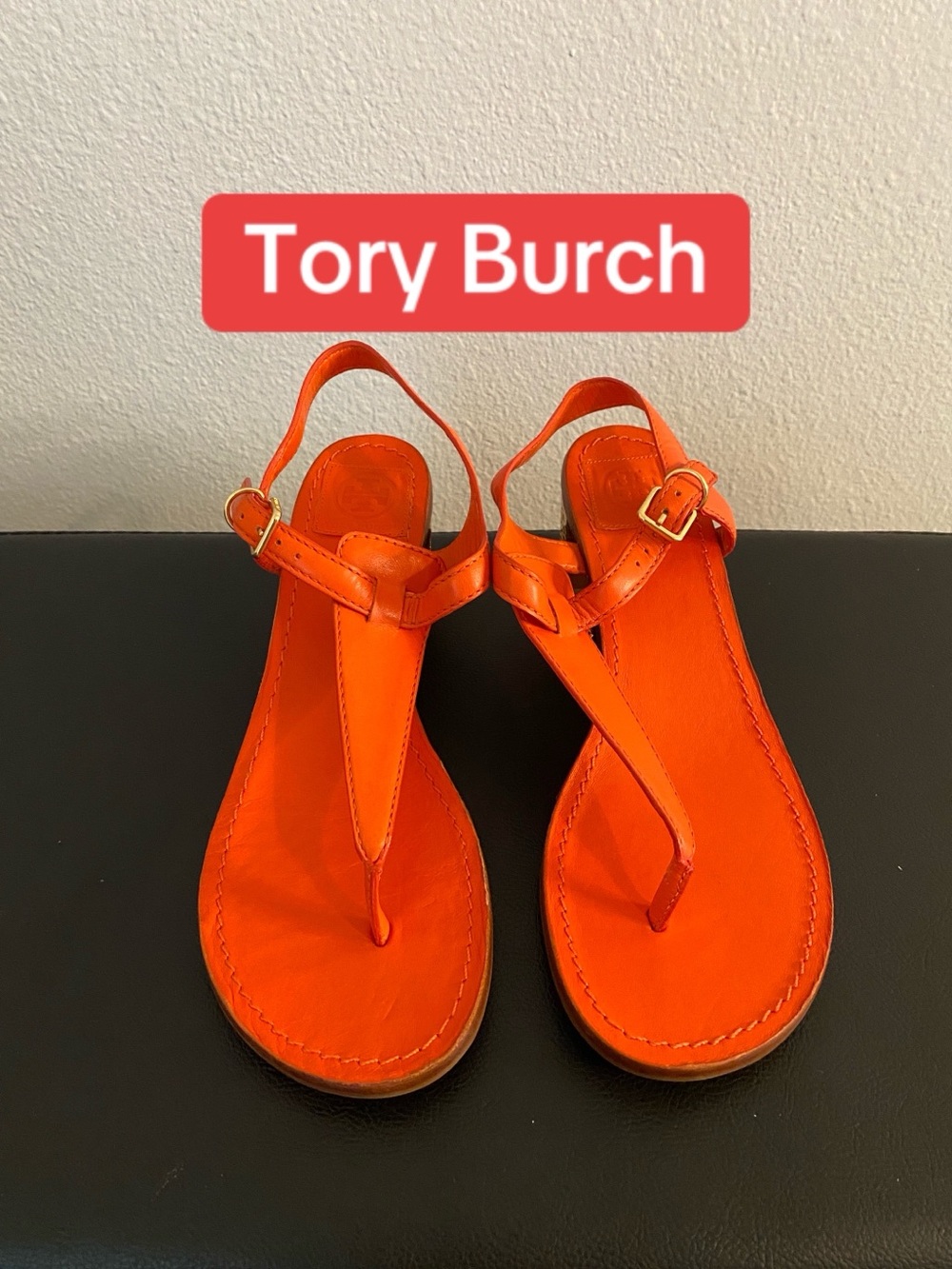 Tory Burch Bright Orange Leather T-Strap Sandals NWOT